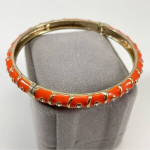 Trendy Sequin Gold Tone Orange Enamel Rhinestone Hinged Bangle Bracelet